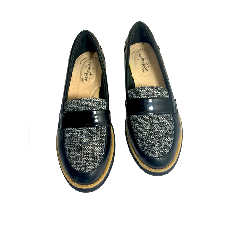 Clarks Sharon Gracie Loafers Black White Tweed Slip On Comfort Shoes Size 5.5